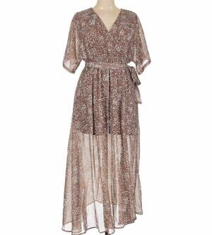 ANRABESS NWT XL Brown/White Floral Chiffon V-Neck Tie Waist Maxi Dress